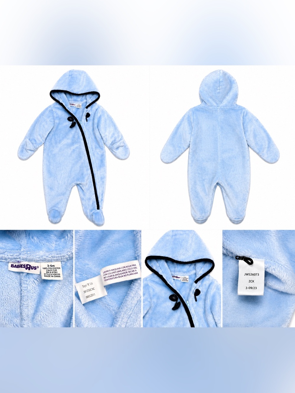 Vintage Y2K Babies R Us Blue Plush Fleece Bunting Snowsuit 3-6M Hooded Footed